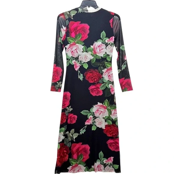 Johnny Was NWT Mesh Midi Romantic Boho Dress Rosa Floral Red Pink Black Small - Picture 5 of 11